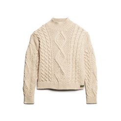 Damski sweter polo z dzianiny Superdry Aran Cable. Białe swetry Superdry, na zimę, bez wzorów, z dzianiny, bez ramiączek. Za 398.00 zł.
