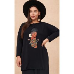 Tunika Damska DJ 3/4 Ręk Plus Size Czarny. Czarne tuniki blue shadow, plus size, z aplikacjami, z bawełny, bez kołnierzyka, bez ramiączek. Za 179.90 zł.