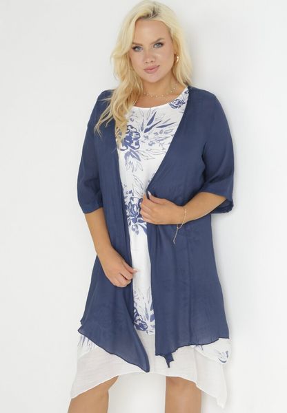 Granatowo-Biała Trapezowa Sukienka Midi z Bawełny w Kwiaty i Narzutka Elephira. Niebieskie sukienki Born2be, xl, bez wzorów, z bawełny, bez kołnierzyka, bez ramiączek, midi, trapezowe. Za 89.99 zł.