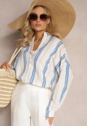 Beżowo-Niebieska Casualowa Koszula z Bawełny w Paski Sileata. Brązowe koszule Renee, l, bez wzorów, z bawełny, retro, bez kołnierzyka, bez ramiączek. W wyprzedaży za 75.99 zł.