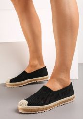 Czarne Ażurowe Espadryle na Plecionej Podeszwie z Ozdobnym Noskiem Uraian. Czarne espadryle Renee, w ażurowe wzory, ze skóry, bez obcasa. W wyprzedaży za 29.99 zł.