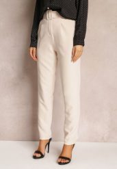 Beżowe Spodnie Garniturowe High Waist z Paskiem Wenus. Brązowe jeansy Renee, bez wzorów, z jeansu, biznesowe, z podwyższonym stanem. W wyprzedaży za 75.99 zł.