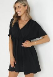 Czarna Rozkloszowana Sukienka Mini z Gumką w Pasie i Marszczeniami Enzlie. Czarne sukienki Born2be, l, bez wzorów, bez kołnierzyka, bez ramiączek, mini, rozkloszowane. W wyprzedaży za 69.99 zł.