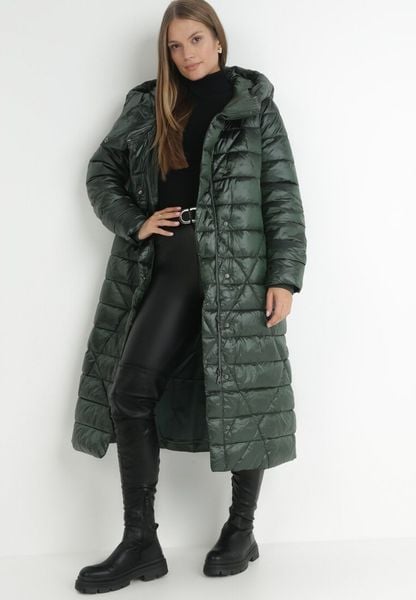 Ciemnozielona Kurtka za Kolano z Wiązanym Paskiem i Kapturem Chlyrie. Zielone kurtki Born2be, na jesień, l, bez wzorów. Za 319.99 zł.
