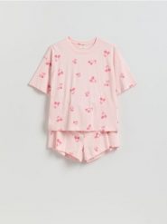 Wzorzysta piżama dwuczęściowa - różowy. Czerwone piżamy Reserved, l, bez wzorów, z bawełny, bez kołnierzyka, bez ramiączek. Za 69.99 zł.