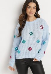 Jasnoniebieski Sweter z Tłoczonej Dzianiny z Wiskozą Zdobiony Cekinowymi Kwiatami Edamara. Niebieskie swetry Born2be, l, z aplikacjami, z dzianiny, klasyczne, bez ramiączek. W wyprzedaży za 84.99 zł.