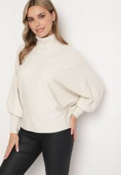 Jasnobeżowy Golf z Wiskozą w Stylu Nietoperza ze Ściągaczami Sallonia. Brązowe swetry Born2be, m, bez wzorów, z jeansu, eleganckie, bez ramiączek. W wyprzedaży za 67.99 zł.