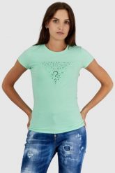 GUESS Zielony t-shirt damski z ażurowym logo, Rozmiar XS. Zielone t-shirty Guess, s, z aplikacjami, bez kołnierzyka, bez ramiączek. W wyprzedaży za 129.99 zł.