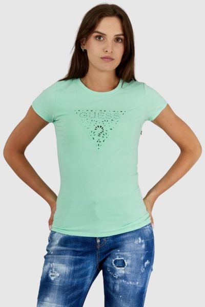 GUESS Zielony t-shirt damski z ażurowym logo, Rozmiar XS. Zielone t-shirty Guess, s, z aplikacjami, bez kołnierzyka, bez ramiączek. W wyprzedaży za 110.99 zł.