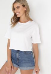 Biały Krótki T-shirt Oversize Lilu. Białe t-shirty Born2be, l, bez wzorów, bez kołnierzyka, bez ramiączek. W wyprzedaży za 29.74 zł.