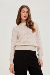 Sweter z bufiastymi rękawami beżowy. Brązowe swetry MOODO, l, bez wzorów, z elastanu, bez ramiączek. Za 139.99 zł.
