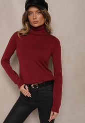 Bordowy Casualowy Golf z Wiskozą i Modalem Lannetora. Czerwone swetry Renee, z aplikacjami, z jeansu, biznesowe, bez ramiączek. W wyprzedaży za 39.99 zł.