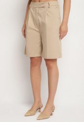 Beżowe Eleganckie Szorty Bermudy z Bawełny z Wysokim Stanem Alionna. Brązowe szorty Born2be, bez wzorów, z bawełny, eleganckie. Za 129.99 zł.