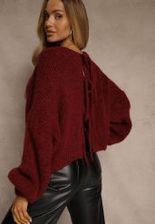 Bordowy Kardigan z Wełną o Kroju Oversize z Wiązanymi Kokardami Elearina. Czerwone swetry Renee, bez wzorów, z jeansu, eleganckie, bez ramiączek. Za 149.99 zł.