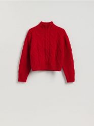 Wełniany sweter z golfem - czerwony. Czerwone swetry Reserved, l, bez wzorów, z dzianiny, bez ramiączek. Za 299.99 zł.