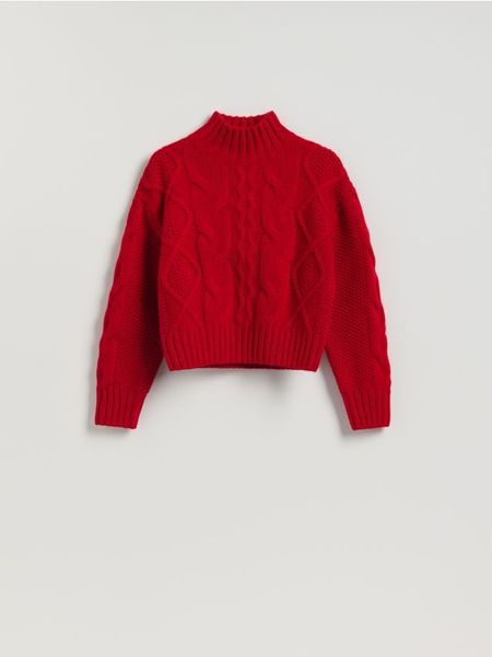 Wełniany sweter z golfem - czerwony. Czerwone swetry Reserved, l, bez wzorów, z dzianiny, bez ramiączek. Za 299.99 zł.