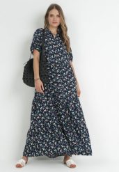 Granatowa Rozkloszowana Sukienka Bawełniana w Kwiaty Zeliar. Niebieskie sukienki Born2be, s, bez wzorów, z bawełny, boho, bez kołnierzyka, bez ramiączek, maxi, rozkloszowane. W wyprzedaży za 83.99 zł.