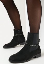 Czarno-Srebrne Botki Chidess. Czarne botki Born2be, z aplikacjami, z gumy, eleganckie, bez obcasa, na płaskiej podeszwie, bez zapięcia. W wyprzedaży za 74.99 zł.