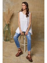 Joséfine Lniany top "Ottilie" w kolorze białym rozmiar: M. Białe topy Joséfine, m, bez wzorów, ze lnu, bez kołnierzyka, bez ramiączek. Za 130.99 zł.