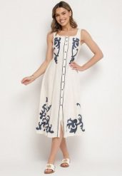 Beżowa Sukienka z Bawełny Ozdobiona Haftami i Guzikami Milarietta. Brązowe sukienki Born2be, na co dzień, l, bez wzorów, z bawełny, eleganckie, bez kołnierzyka, bez ramiączek, midi, proste. Za 149.99 zł.