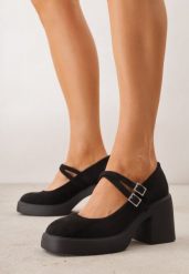 Czarne Półbuty na Słupku z Podwójnym Paskiem z Cyrkoniowymi Klamrami Nerilin. Czarne półbuty wsuwane Born2be, bez wzorów, z jeansu, biznesowe, bez obcasa, na słupku. Za 109.99 zł.