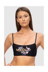 MOSCHINO Czarna góra od bikini z kwiecistym logo. Czarne bikini MOSCHINO, bez wzorów. W wyprzedaży za 249.99 zł.