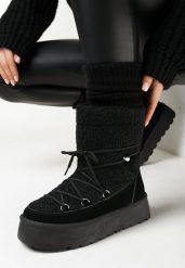 Czarne Śniegowce na Platformie z Futerkiem i Sznurowaniem Fumnanya. Czarne śniegowce Born2be, bez wzorów, bez zapięcia. Za 99.99 zł.