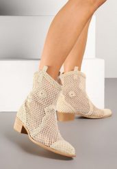Jasnobeżowe Ażurowe Botki w Stylu Kowbojek na Stożku ze Skórzaną Wkładką Xalozi. Brązowe botki Born2be, w ażurowe wzory, eleganckie, bez obcasa, na obcasie, bez zapięcia. Za 149.99 zł.