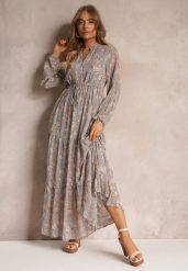 Szara Sukienka Maxi w Kwiaty ze Sznurkiem w Pasie Marili. Szare sukienki Renee, l, z aplikacjami, bez kołnierzyka, bez ramiączek, maxi, rozkloszowane. W wyprzedaży za 132.99 zł.