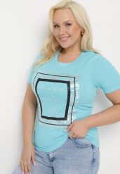 Jasnoniebieski Bawełniany T-shirt Koszulka z Krótkim Rękawem Ozdobiona Nadrukiem i Cyrkoniami Codara. Niebieskie t-shirty Born2be, l, bez wzorów, z bawełny, bez kołnierzyka, bez ramiączek. Za 49.99 zł.