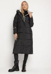 Czarna Długa Kurtka Pikowana z Kapturem i Bocznymi Suwakami Aruvitta. Czarne kurtki Born2be, l, bez wzorów, z dresówki, eleganckie, z kapturem. Za 329.99 zł.
