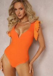 Pomarańczowe Body z Wycięciem i Falbankami z Haftem Eshawn. Brązowe body i gorsety Renee, bez wzorów, z tkaniny, bez ramiączek. W wyprzedaży za 47.99 zł.