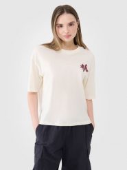 4F T-shirt oversize z nadrukiem damski - biały L. Białe t-shirty 4f, l, bez wzorów, z bawełny, klasyczne, bez kołnierzyka, bez ramiączek. W wyprzedaży za 39.99 zł.