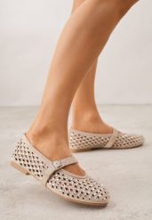 Ciemnobeżowe Ażurowe Balerinki z Paskiem z Klamerką i Cyrkoniami Feanoene. Brązowe baleriny Born2be, w ażurowe wzory, z jeansu, biznesowe, bez obcasa, bez zapięcia. Za 109.99 zł.