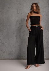 Czarne Garniturowe Spodnie Szerokie z Wiskozy z Paskiem Moun. Czarne jeansy Renee, l, bez wzorów, z jeansu, eleganckie. Za 129.99 zł.