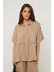 Rodier Lin Lniana koszula w kolorze karmelowym rozmiar: S/M. Brązowe koszule Rodier Lin, m, bez wzorów, ze lnu, bez kołnierzyka, bez ramiączek. Za 123.25 zł.