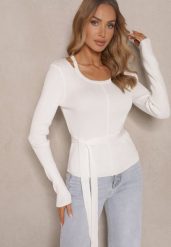 Biały Wiskozowy Sweter Wiązany w Talii z Asymetrycznym Dekoltem Kornelita. Białe swetry Renee, m, bez wzorów, z jeansu, casualowe, bez ramiączek. W wyprzedaży za 67.99 zł.