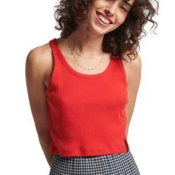 Stylowa koszulka sportowa damska Superdry Vintage Crop. Czerwone t-shirty sportowe Superdry, bez wzorów, z bawełny, bez ramiączek. W wyprzedaży za 57.00 zł.