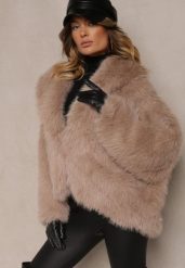 Ciemnobeżowa Kurtka Futerko w Eleganckim Stylu Vortilae. Brązowe kurtki Renee, bez wzorów, z futra, eleganckie, bez kaptura. W wyprzedaży za 198.74 zł.