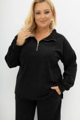 Oversizowa prążkowana czarna bluza Good Day Ahead z kołnierzem i zamkiem Plus Size Oversize. Czarne bluzy Moda Size Plus Iwanek, l, bez wzorów, z dzianiny, bez kaptura, trekkingowe. Za 219.90 zł.