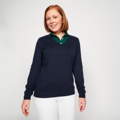 Sweter do golfa damski MW 100. Niebieskie swetry INESIS, l, bez wzorów, z bawełny, eleganckie, bez ramiączek. Za 69.99 zł.
