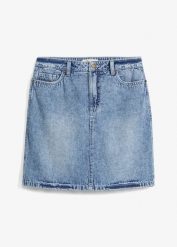 Spódnica dżinsowa mid waist, low stretch. Niebieskie spódnice bonprix, bez wzorów, z denimu, mini. Za 74.99 zł.