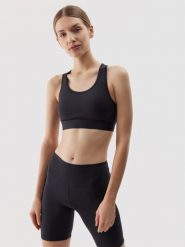 4F Biustonosz treningowy z niskim wsparciem z materiału z recyklingu damski - czarny M. Czarne biustonosze sportowe 4f, bez wzorów, z dzianiny, na fitness i siłownię. W wyprzedaży za 59.99 zł.