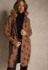 Brązowy Kardigan z Kapturem Ozdobiony Geometrycznym Motywem Ralanessa. Brązowe swetry Renee, l, bez wzorów, eleganckie, bez ramiączek. Za 109.99 zł.