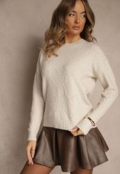 Jasnobeżowy Sweter z Tłoczonymi Sercami Unareia. Brązowe swetry Renee, na jesień, l, bez wzorów, z jeansu, casualowe, bez ramiączek. Za 79.99 zł.