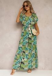 Zielono-Czarna Maxi Sukienka z Wiskozy w Kwiatowy Print ze Sznurkiem w Talii Anukka. Zielone sukienki Renee, l, bez wzorów, z wiskozy, bez kołnierzyka, bez ramiączek, maxi. W wyprzedaży za 83.99 zł.