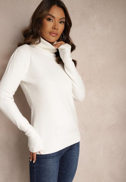 Biały Golf Sweter o Dopasowanym Kroju z Kaszmirem Zairith. Białe swetry Renee, z aplikacjami, z jeansu, biznesowe, bez ramiączek. Za 89.99 zł.
