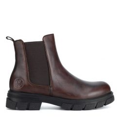 Botki Rieker. Brązowe botki Rieker, bez wzorów, bez obcasa, na płaskiej podeszwie, bez zapięcia. Za 419.99 zł.