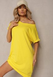 Żółta T-shirtowa Sukienka Pudełkowa z Elastycznej Bawełny Ellensa. Żółte sukienki Renee, s, bez wzorów, z bawełny, wakacyjne, bez kołnierzyka, bez ramiączek, mini. W wyprzedaży za 31.49 zł.