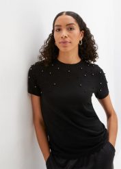 T-shirt z aplikacją z perełek. Czarne t-shirty bonprix, z aplikacjami, bez kołnierzyka, bez ramiączek. Za 84.99 zł.